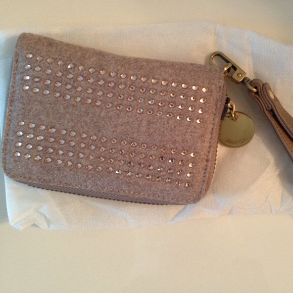 DEUX LUX Crystal-Trimmed Small Wristlet Wallet light brown bag Vegan - Picture 1 of 4